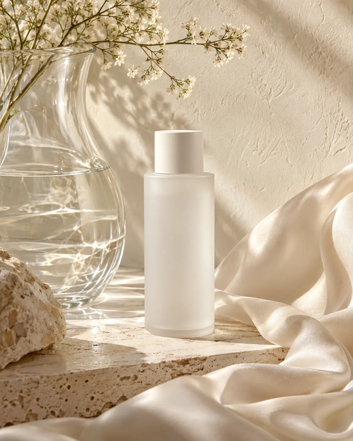 Editorial arrangement of water, soft ivory fabric, glass and an unbranded skincare bottle